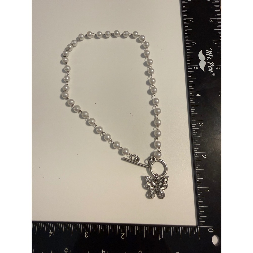 Silver Tone‎ Faux Pearl Anklet Large Bracelet Crystal Butterfly Charm Toggle 9"